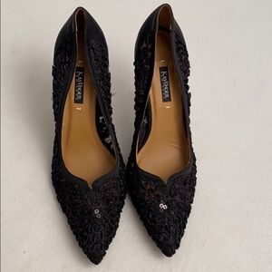 Kay Unger black satin and sequin 4.5” heel pumps